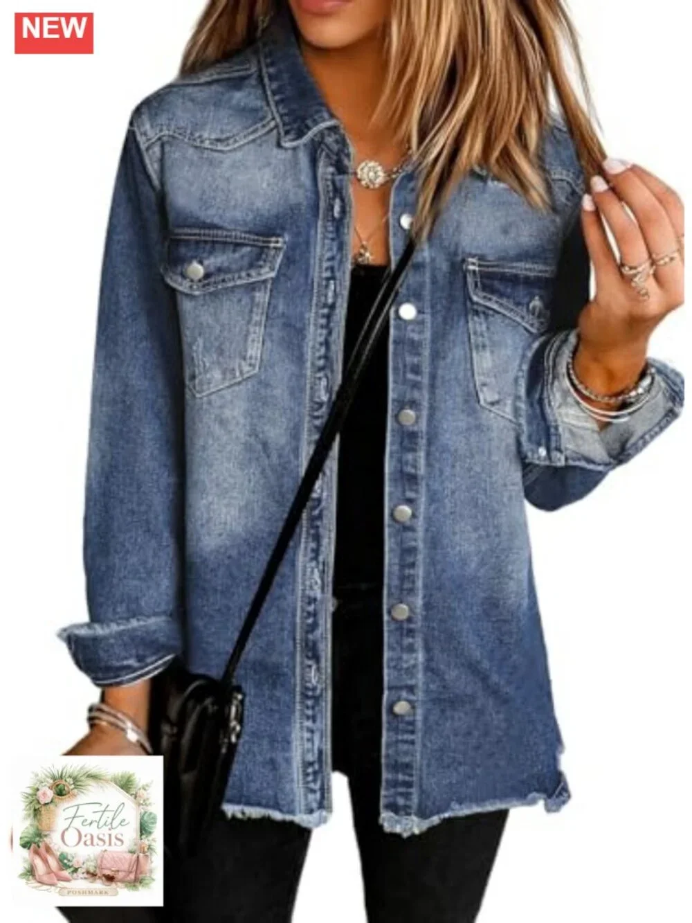 Women's Oversized Button Down Denim Jacket Shacket Long Sleeve Cotton Blend